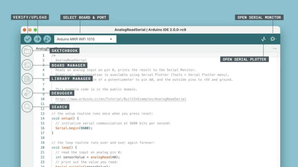 نمای محیط نرم‌افزار Arduino IDE 2